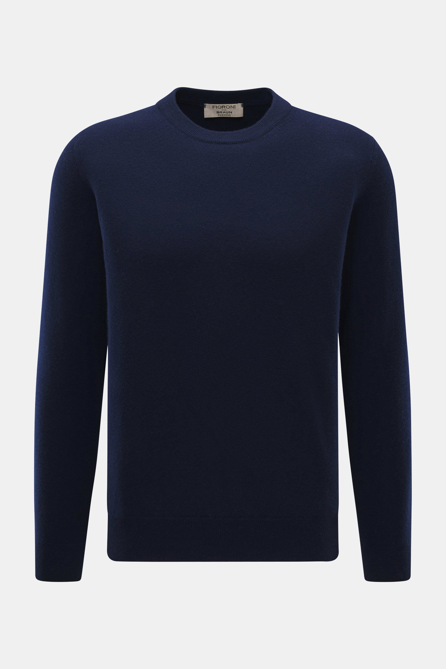 Fioroni Cashmere Rundhalspullover dunkelblau, frontal fotografiert, Slim Fit, reiner Baby-Cashmere, sehr weicher Griff, feines Strickbild, Rundhalsausschnitt, flexible Rippbündchen.