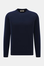 Front view of Fioroni Cashmere Crewneck Sweater dark blue in pure baby cashmere with very soft feel, fine knit pattern, slim fit, crew neckline, and flexible ribbed cuffs.