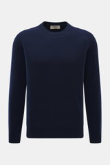 Front view of Fioroni Cashmere Crewneck Sweater dark blue in pure baby cashmere with very soft feel, fine knit pattern, slim fit, crew neckline, and flexible ribbed cuffs.