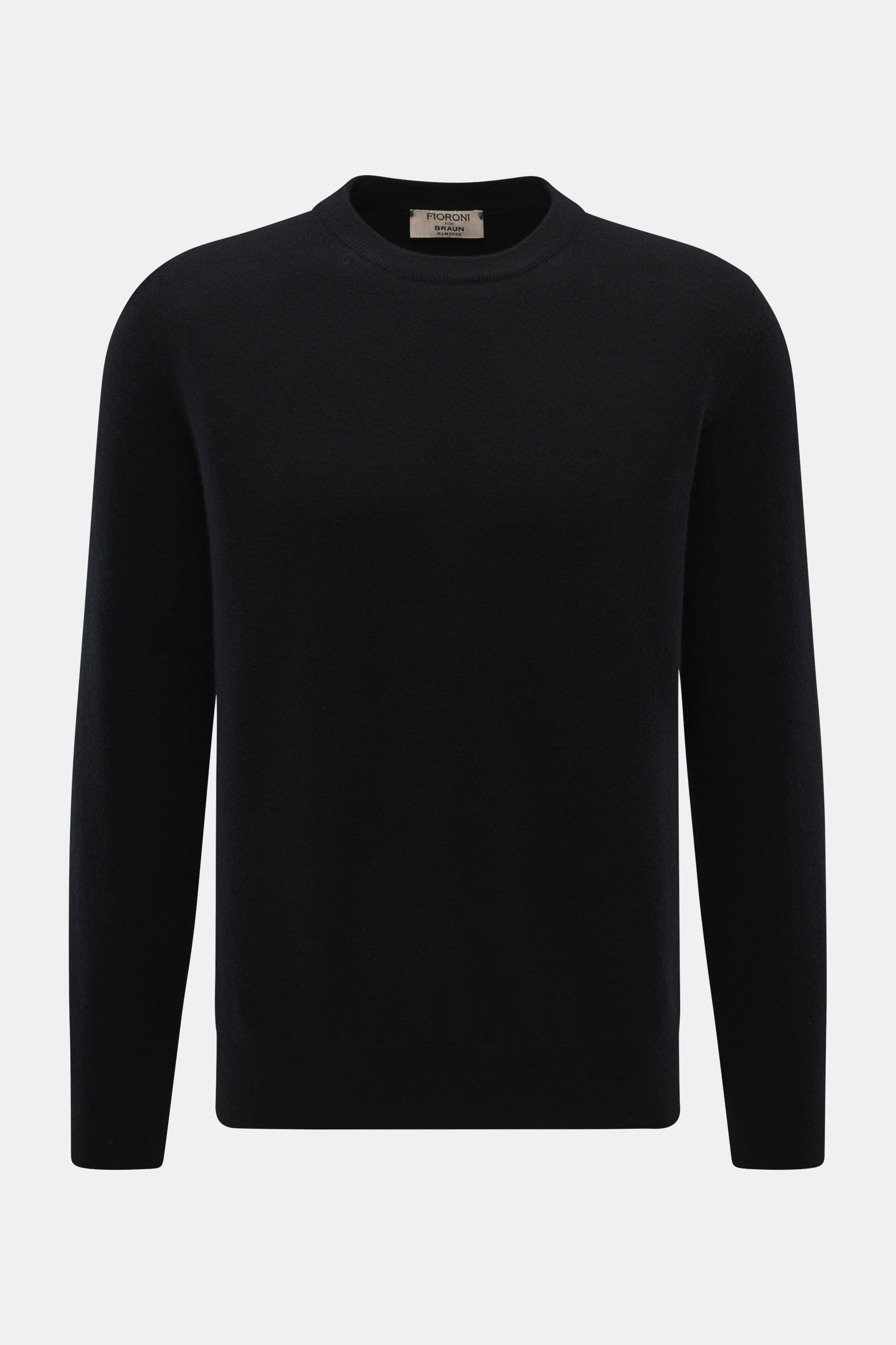 Fioroni Cashmere Rundhalspullover schwarz, Vorderansicht, Slim Fit, reiner Baby-Cashmere, sehr weicher Griff, feines Strickbild, Rundhalsausschnitt, flexible Rippbündchen.