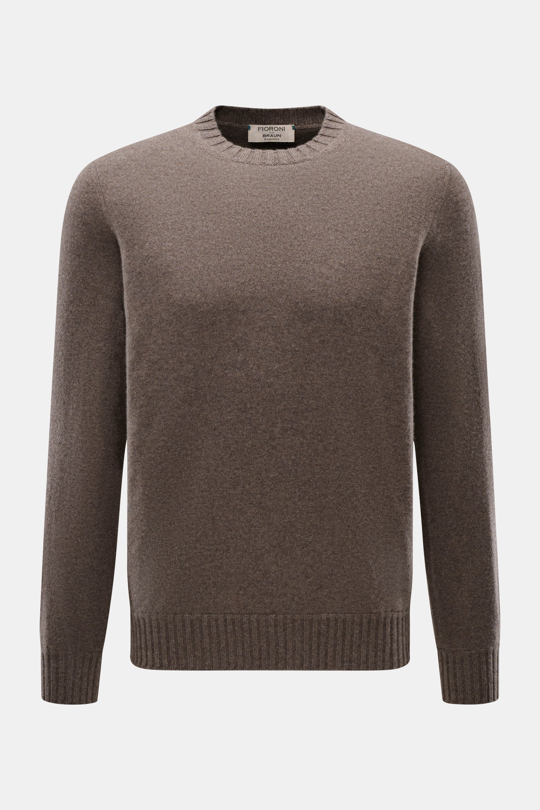 Front view of Fioroni Cashmere Crew Neck Sweater 'Duvet' Grey Brown Melange, pure cashmere, slim fit, fine knit, soft touch, ribbed cuffs, crew neckline.