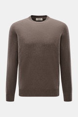 Front view of Fioroni Cashmere Crew Neck Sweater 'Duvet' Grey Brown Melange, pure cashmere, slim fit, fine knit, soft touch, ribbed cuffs, crew neckline.