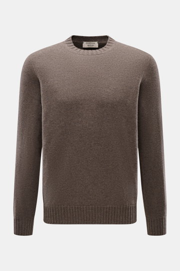 Front view of Fioroni Cashmere Crew Neck Sweater 'Duvet' Grey Brown Melange, pure cashmere, slim fit, fine knit, soft touch, ribbed cuffs, crew neckline.