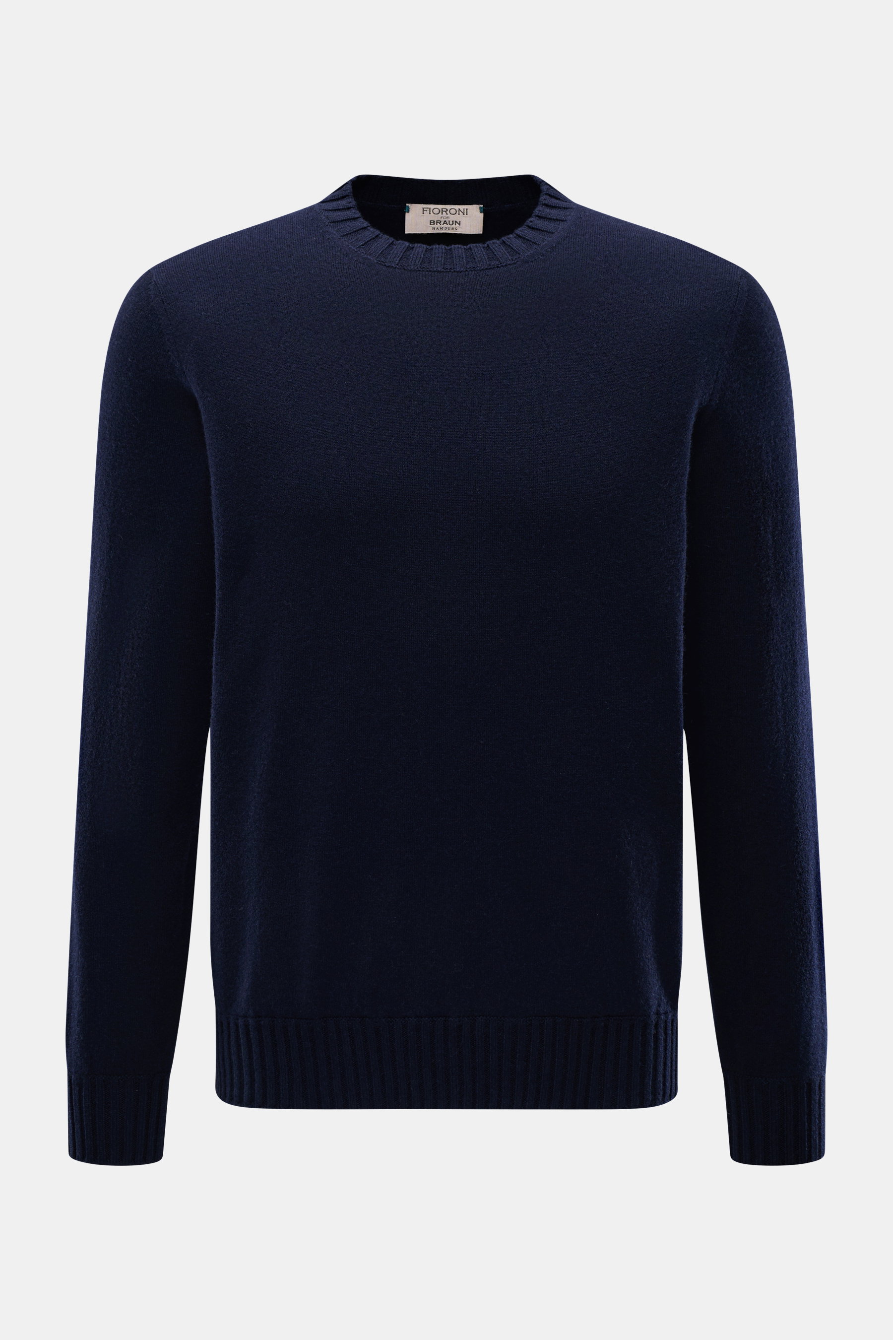 Fioroni Cashmere Crew Neck Sweater 'Duvet' Navy shown front view, pure cashmere, soft touch, fine knit, slim fit, crew neckline, ribbed cuffs.