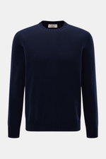 Fioroni Cashmere Crew Neck Sweater 'Duvet' Navy shown front view, pure cashmere, soft touch, fine knit, slim fit, crew neckline, ribbed cuffs.