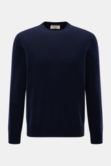 Fioroni Cashmere Crew Neck Sweater 'Duvet' Navy shown front view, pure cashmere, soft touch, fine knit, slim fit, crew neckline, ribbed cuffs.