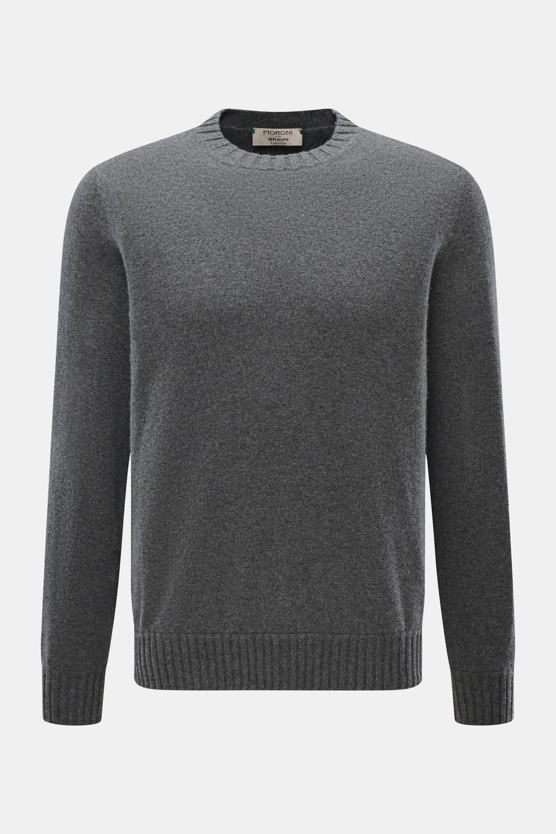 Front view of Fioroni Cashmere Crew Neck Sweater 'Duvet' Dark Grey Melange, showcasing pure cashmere, very soft touch, fine knit texture, slim fit, crew neckline, and flexible ribbed cuffs. Luxurious warmth with Italian craftsmanship featuring finest cash