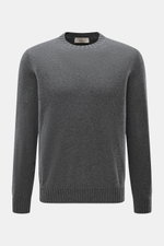 Front view of Fioroni Cashmere Crew Neck Sweater 'Duvet' Dark Grey Melange, showcasing pure cashmere, very soft touch, fine knit texture, slim fit, crew neckline, and flexible ribbed cuffs. Luxurious warmth with Italian craftsmanship featuring finest cash