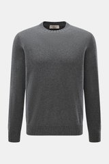 Front view of Fioroni Cashmere Crew Neck Sweater 'Duvet' Dark Grey Melange, showcasing pure cashmere, very soft touch, fine knit texture, slim fit, crew neckline, and flexible ribbed cuffs. Luxurious warmth with Italian craftsmanship featuring finest cash