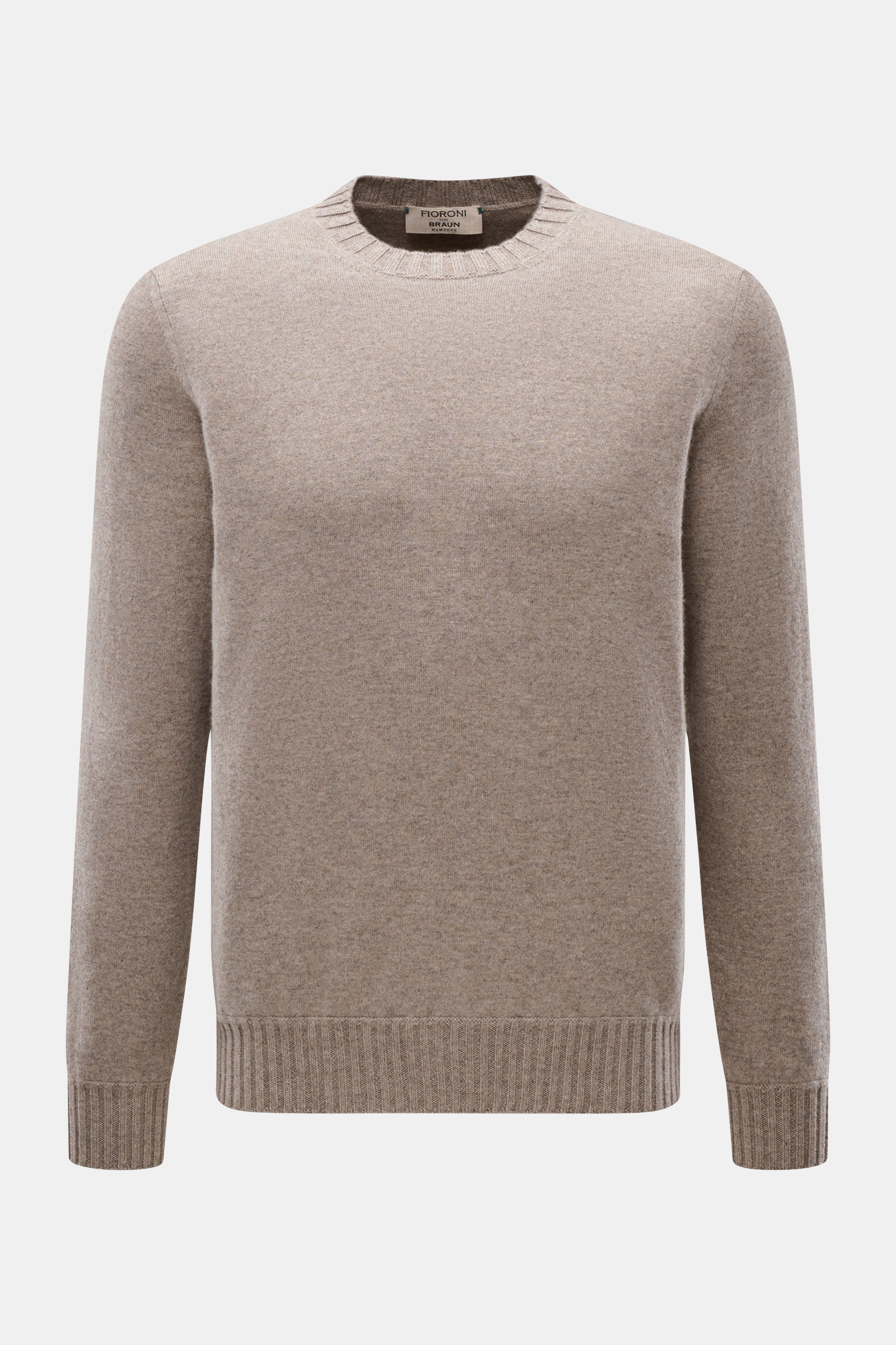 Fioroni Cashmere Crew Neck Sweater 'Duvet' Taupe Melange shown front view, slim fit with crew neckline, fine knit, ribbed cuffs, pure cashmere, soft touch.