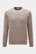 Fioroni Cashmere Crew Neck Sweater 'Duvet' Taupe Melange shown front view, slim fit with crew neckline, fine knit, ribbed cuffs, pure cashmere, soft touch.