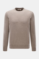 Fioroni Cashmere Crew Neck Sweater 'Duvet' Taupe Melange shown front view, slim fit with crew neckline, fine knit, ribbed cuffs, pure cashmere, soft touch.