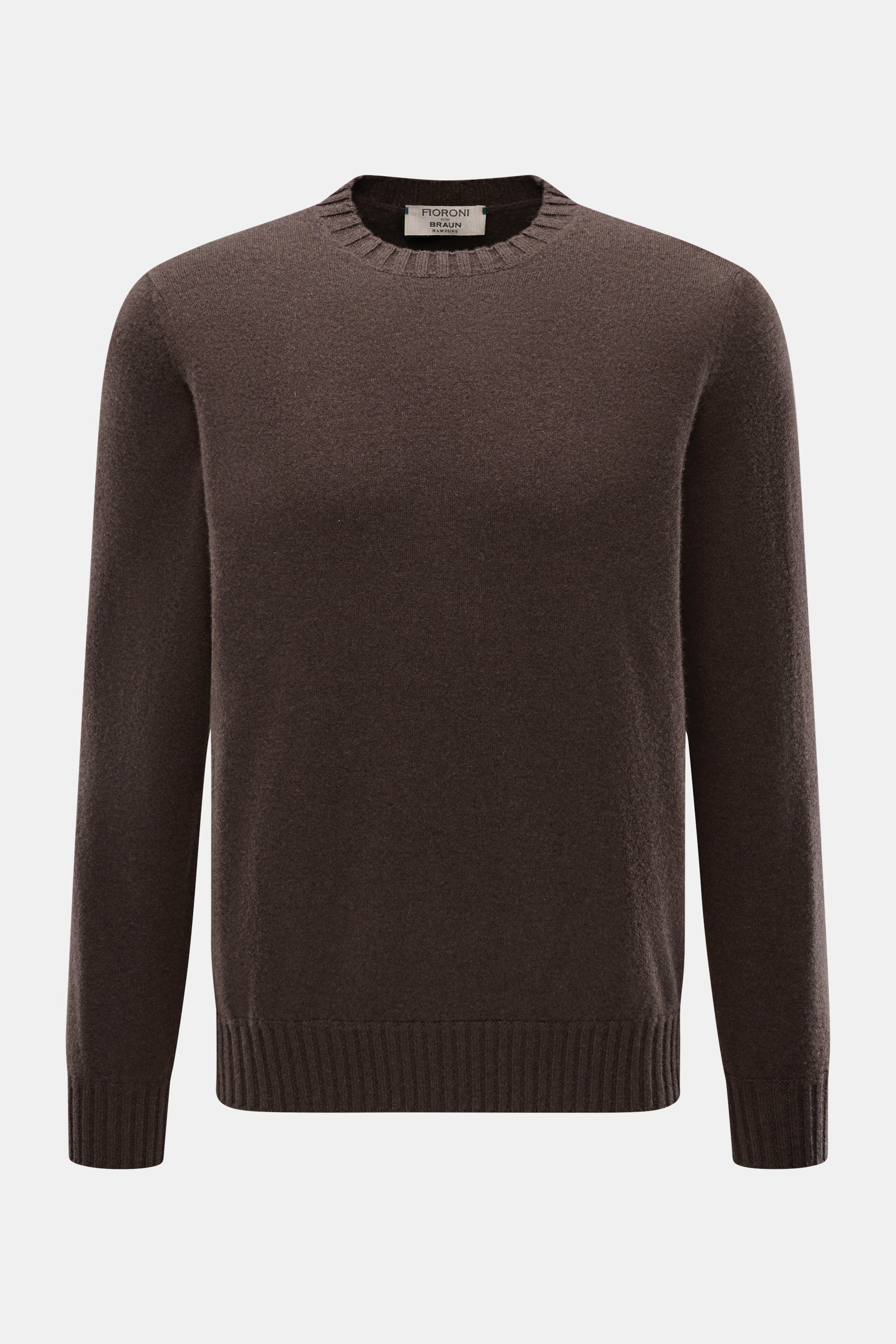 Fioroni Cashmere Crew Neck Sweater 'Duvet' Dark Brown Melange shown from front, pure cashmere, very soft touch, fine knit, slim fit, crew neckline, flexible ribbed cuffs.