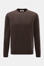 Fioroni Cashmere Crew Neck Sweater 'Duvet' Dark Brown Melange shown from front, pure cashmere, very soft touch, fine knit, slim fit, crew neckline, flexible ribbed cuffs.