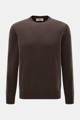 Fioroni Cashmere Crew Neck Sweater 'Duvet' Dark Brown Melange shown from front, pure cashmere, very soft touch, fine knit, slim fit, crew neckline, flexible ribbed cuffs.