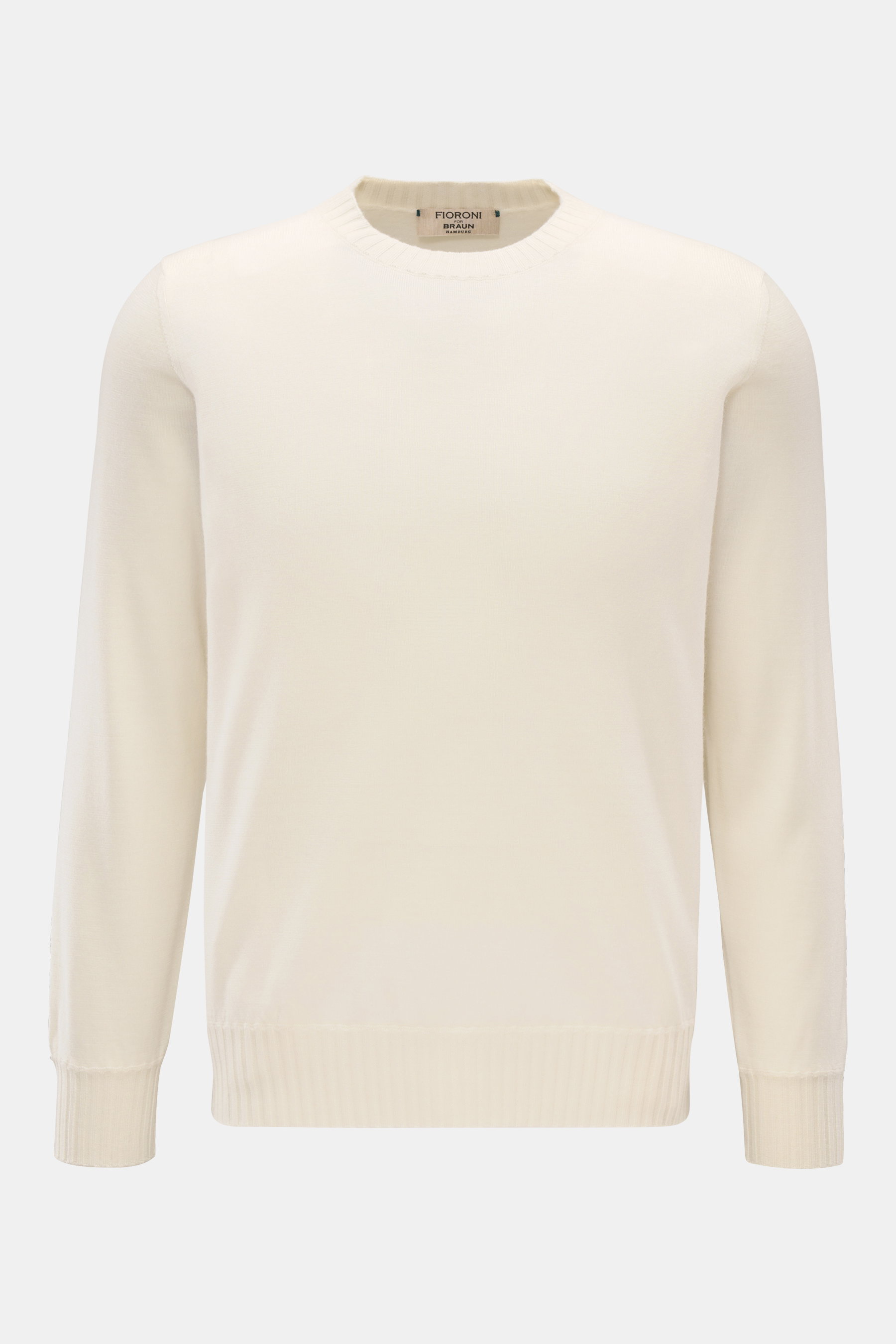 Fioroni Cashmere Rundhalspullover creme, frontal fotografiert, reiner Cashmere, sehr weicher Griff, feines Strickbild, Regular Fit, Rundhalsausschnitt, flexible Rippbündchen.