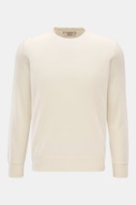 Fioroni Cashmere Rundhalspullover creme, frontal fotografiert, reiner Cashmere, sehr weicher Griff, feines Strickbild, Regular Fit, Rundhalsausschnitt, flexible Rippbündchen.
