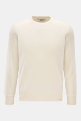Fioroni Cashmere Rundhalspullover creme, frontal fotografiert, reiner Cashmere, sehr weicher Griff, feines Strickbild, Regular Fit, Rundhalsausschnitt, flexible Rippbündchen.
