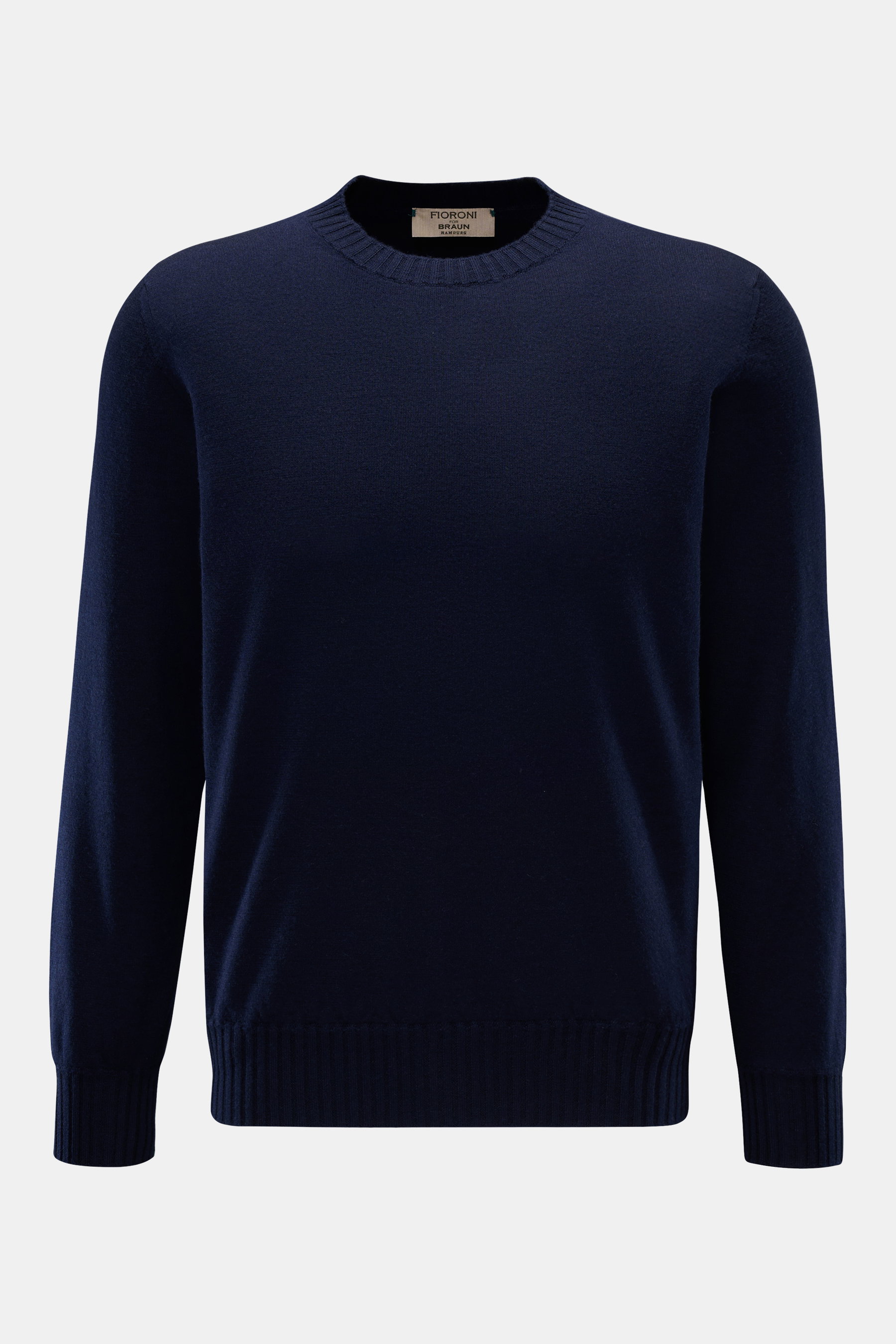 Fioroni Cashmere Rundhalspullover navy, frontal fotografiert, reiner Cashmere, sehr weicher Griff, feines Strickbild, Regular Fit, Rundhalsausschnitt, flexible Rippbündchen.