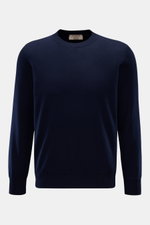 Fioroni Cashmere Rundhalspullover navy, frontal fotografiert, reiner Cashmere, sehr weicher Griff, feines Strickbild, Regular Fit, Rundhalsausschnitt, flexible Rippbündchen.