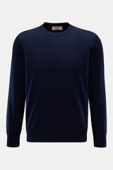 Fioroni Cashmere Rundhalspullover navy, frontal fotografiert, reiner Cashmere, sehr weicher Griff, feines Strickbild, Regular Fit, Rundhalsausschnitt, flexible Rippbündchen.