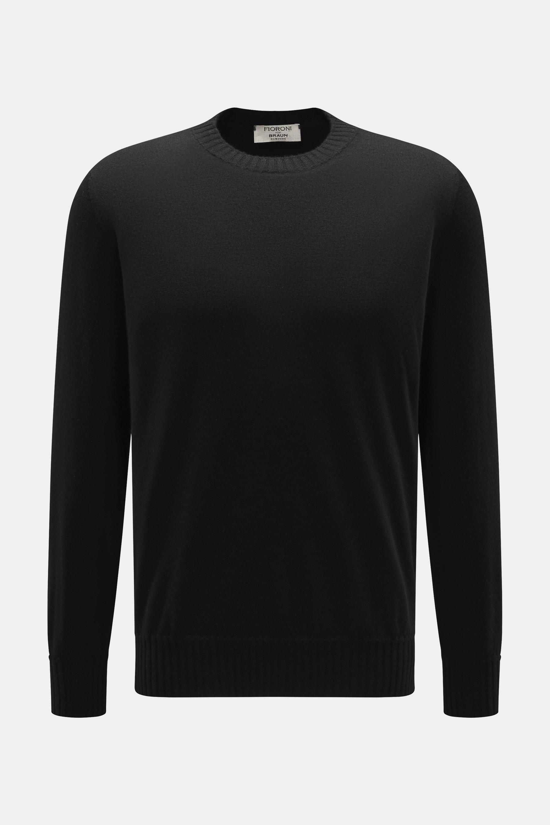 Fioroni Cashmere Rundhalspullover schwarz, Frontansicht, reiner Cashmere, sehr weicher Griff, feines Strickbild, Regular Fit, Rundhalsausschnitt, flexible Rippbündchen.