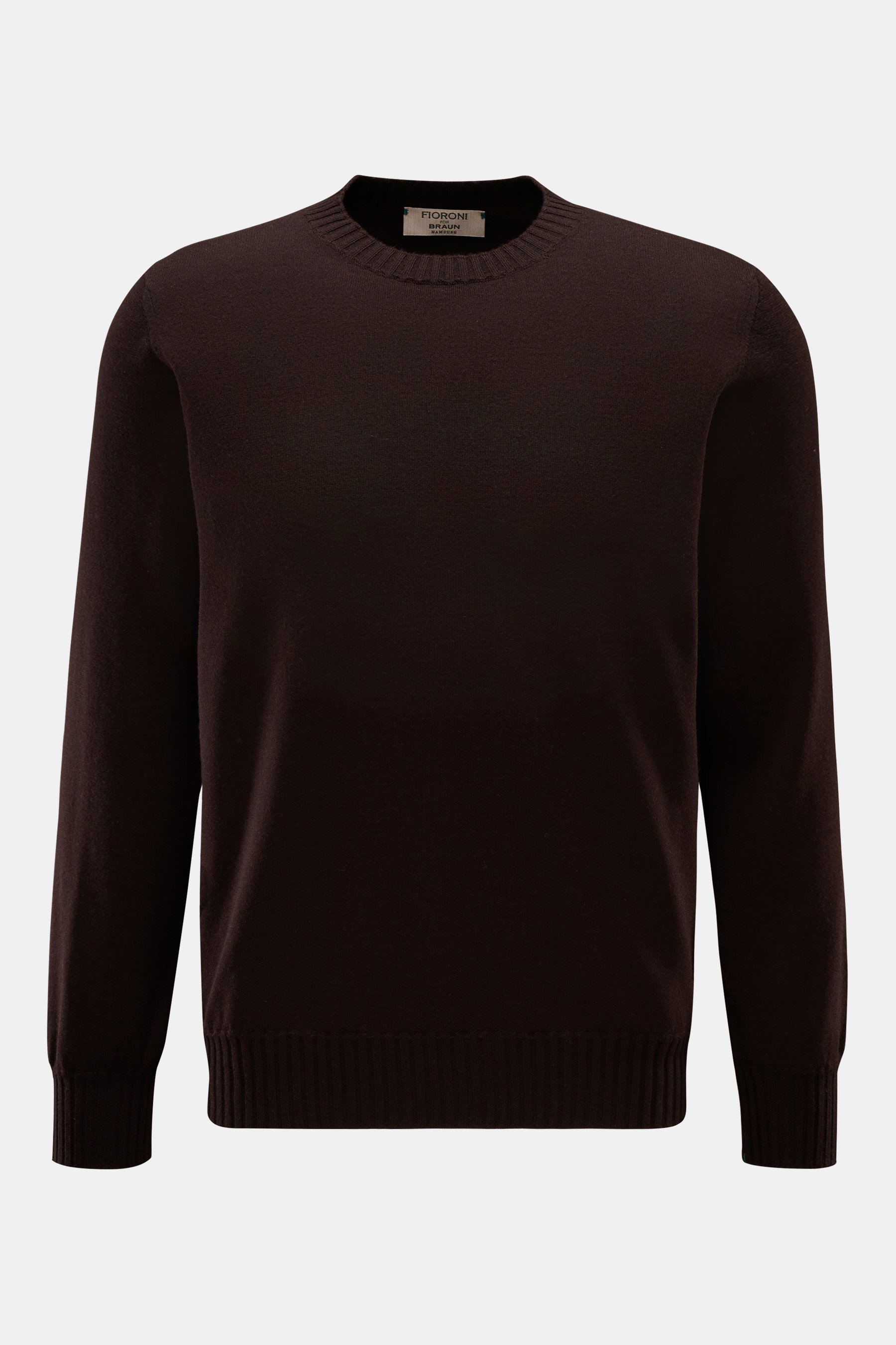 Fioroni Cashmere Rundhalspullover dunkelbraun, Frontansicht, reiner Cashmere, sehr weicher Griff, feines Strickbild, Regular Fit, Rundhalsausschnitt, flexible Rippbündchen.