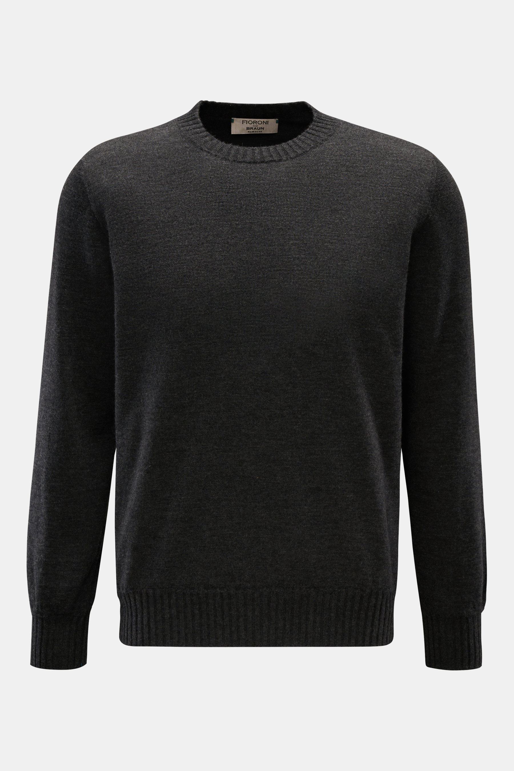 Fioroni Cashmere Rundhalspullover anthrazit meliert, frontale Nahaufnahme, reiner Cashmere, sehr weicher Griff, feines Strickbild, Regular Fit, Rundhalsausschnitt, flexible Rippbündchen.