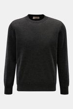 Fioroni Cashmere Rundhalspullover anthrazit meliert, frontale Nahaufnahme, reiner Cashmere, sehr weicher Griff, feines Strickbild, Regular Fit, Rundhalsausschnitt, flexible Rippbündchen.
