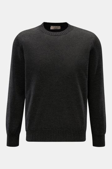 Fioroni Cashmere crew neck jumper anthracite mottled shown from front, pure cashmere, very soft feel, very fine knit, slim fit, crew neck, flexible ribbed bands.