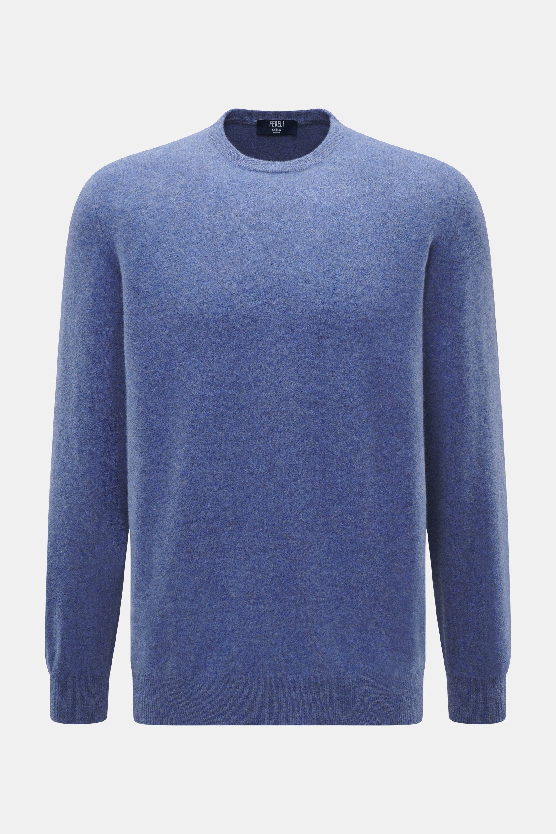 Fedeli Rundhalspullover 'Geelong' rauchblau meliert, Frontansicht, reine Schurwolle, weicher Griff, feines Strickbild, Regular Fit, Rundhals, Rippbündchen.