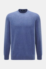 Fedeli Rundhalspullover 'Geelong' rauchblau meliert, Frontansicht, reine Schurwolle, weicher Griff, feines Strickbild, Regular Fit, Rundhals, Rippbündchen.