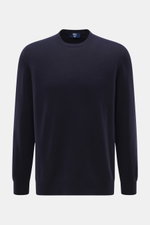 Fedeli Rundhalspullover 'Geelong' navy, frontale Nahaufnahme, reine Schurwolle, weicher Griff, feines Strickbild, Regular Fit, Rundhalsausschnitt, Rippbündchen.