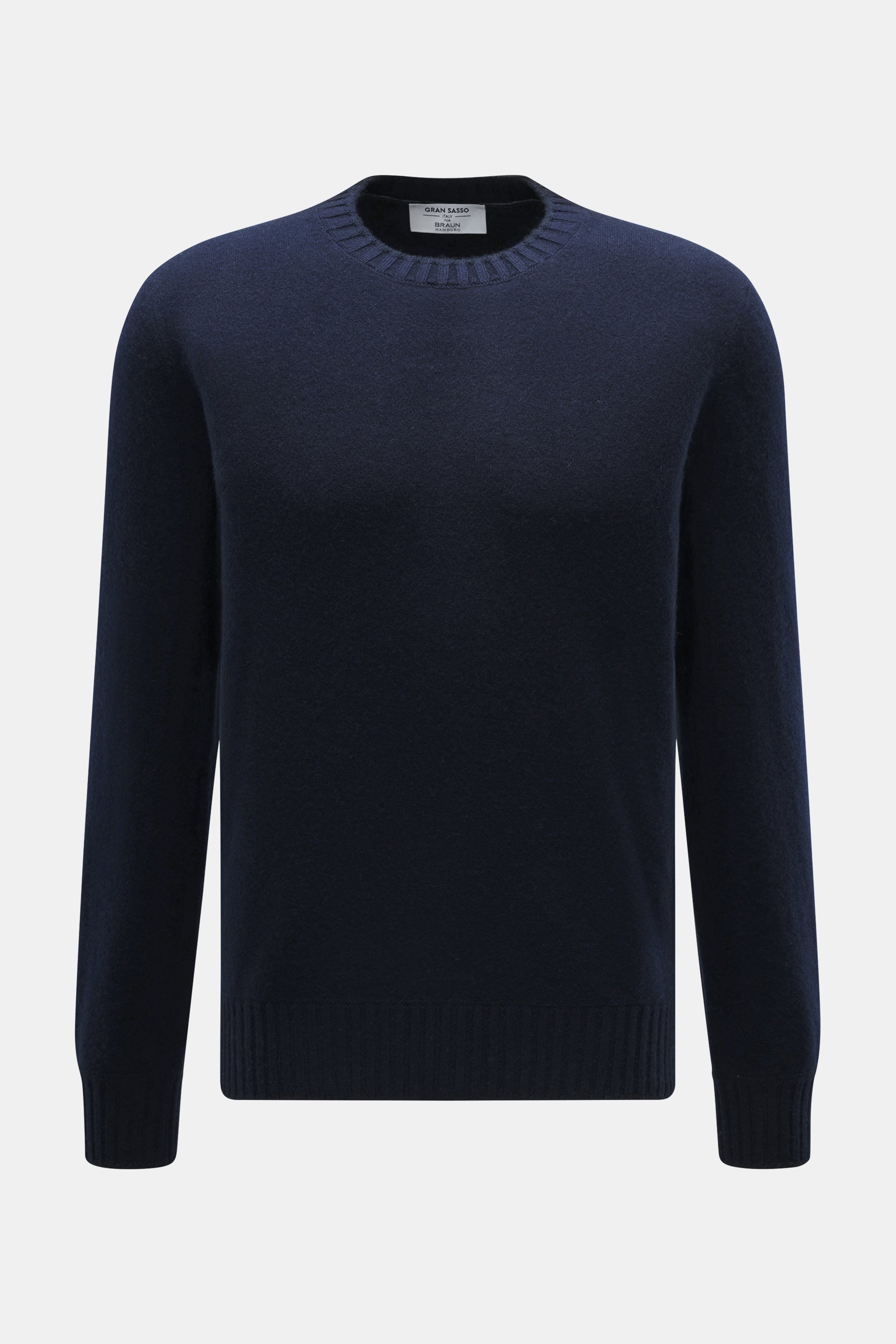 Front view of the Gran Sasso Cashmere crew neck sweater navy, featuring pure cashmere, very soft feel, fine knit pattern, regular fit, crew neckline, and comfortable ribbed cuffs.
