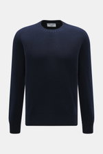 Front view of the Gran Sasso Cashmere crew neck sweater navy, featuring pure cashmere, very soft feel, fine knit pattern, regular fit, crew neckline, and comfortable ribbed cuffs.