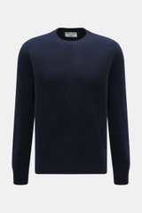 Front view of the Gran Sasso Cashmere crew neck sweater navy, featuring pure cashmere, very soft feel, fine knit pattern, regular fit, crew neckline, and comfortable ribbed cuffs.