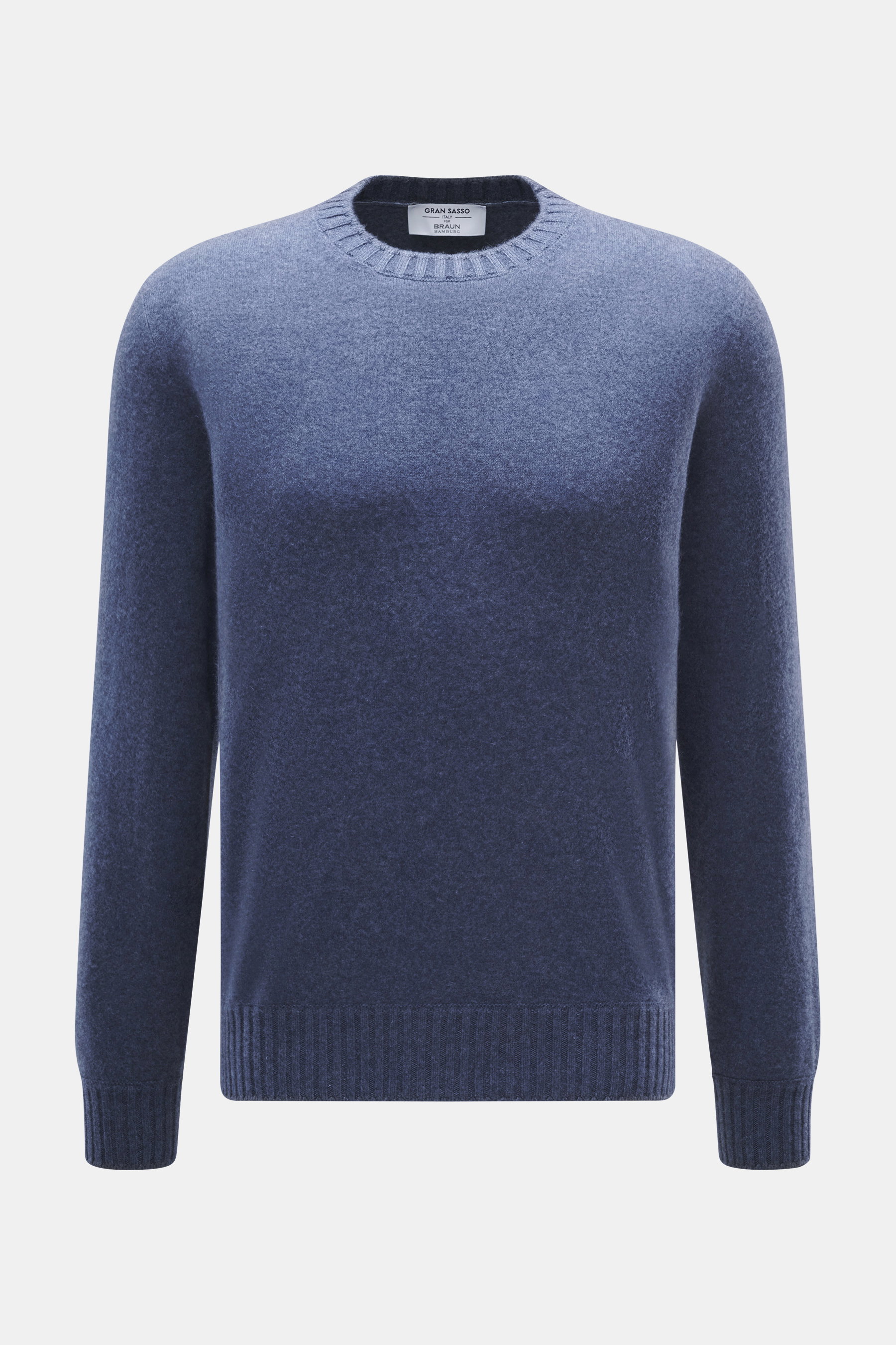 Front view of Gran Sasso Cashmere crew neck sweater smoky blue/dark blue melange, pure cashmere, very soft feel, fine knit pattern, regular fit, crew neckline, comfortable ribbed cuffs.