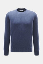 Front view of Gran Sasso Cashmere crew neck sweater smoky blue/dark blue melange, pure cashmere, very soft feel, fine knit pattern, regular fit, crew neckline, comfortable ribbed cuffs.
