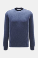 Front view of Gran Sasso Cashmere crew neck sweater smoky blue/dark blue melange, pure cashmere, very soft feel, fine knit pattern, regular fit, crew neckline, comfortable ribbed cuffs.