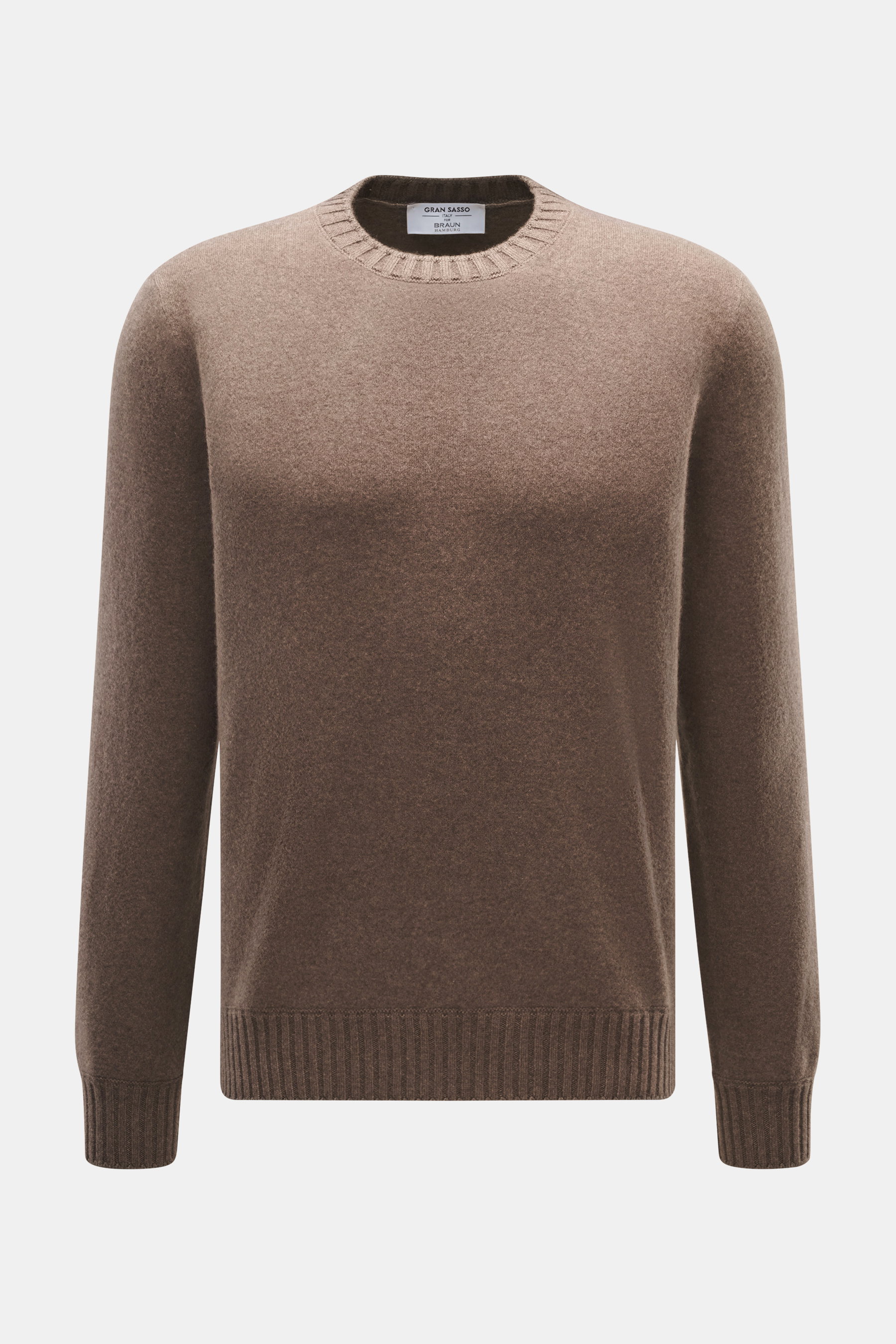 Front view of Gran Sasso Cashmere crew neck sweater grey brown melange, pure cashmere, very soft touch, fine knit pattern, regular fit, crew neckline, comfortable ribbed cuffs.