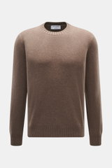 Front view of Gran Sasso Cashmere crew neck sweater grey brown melange, pure cashmere, very soft touch, fine knit pattern, regular fit, crew neckline, comfortable ribbed cuffs.