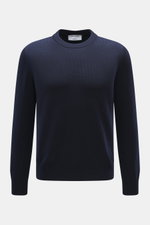 Front view of Gran Sasso Crew neck sweater navy, made of pure virgin wool with soft touch, medium-fine knit pattern, slim fit, crew neckline, and comfortable ribbed cuffs.