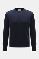 Front view of Gran Sasso Crew neck sweater navy, made of pure virgin wool with soft touch, medium-fine knit pattern, slim fit, crew neckline, and comfortable ribbed cuffs.