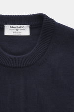 Gran Sasso Crew neck sweater navy shown from a top-down close-up of neckline, featuring pure virgin wool, soft touch, medium-fine knit, slim fit, crew neckline, and comfortable ribbed cuffs.