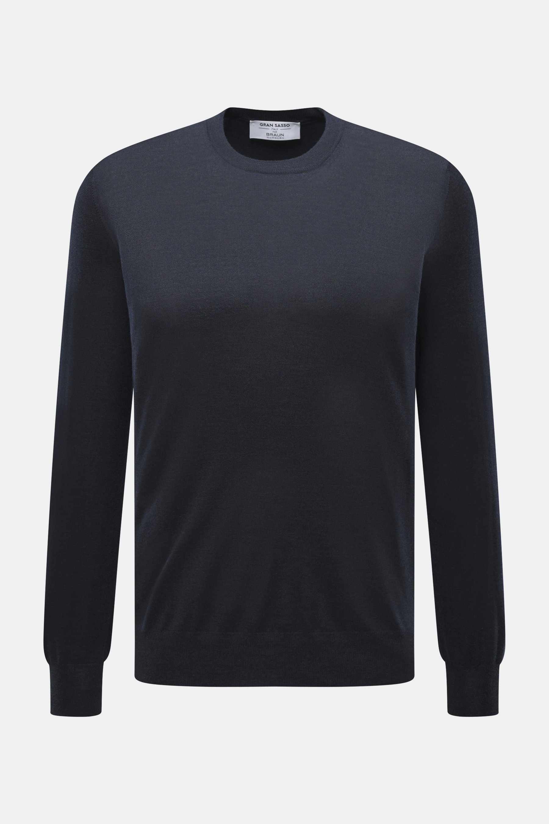 Gran Sasso Feinstrick-Rundhalspullover navy, frontale Nahaufnahme, Mix aus Schurwolle, Cashmere, Seide, weicher Griff, leichte Qualität, feines Strickbild, Regular Fit, Rundhalsausschnitt, Rippbündchen.