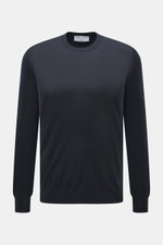 Front view of Gran Sasso Fine-knit crew neck sweater navy in a regular fit, made from a mix of virgin wool, cashmere, and silk with a very soft feel, lightweight quality, very fine knit pattern, crew neckline, and comfortable ribbed cuffs.