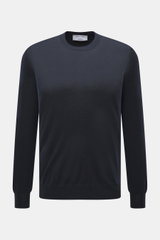 Front view of Gran Sasso Fine-knit crew neck sweater navy in a regular fit, made from a mix of virgin wool, cashmere, and silk with a very soft feel, lightweight quality, very fine knit pattern, crew neckline, and comfortable ribbed cuffs.
