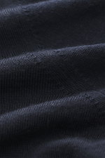 Close-up front view of Gran Sasso Fine-knit crew neck sweater navy, showing very fine knit pattern in a mix of virgin wool, cashmere, and silk with a very soft feel, lightweight quality, regular fit, crew neckline, and comfortable ribbed cuffs.