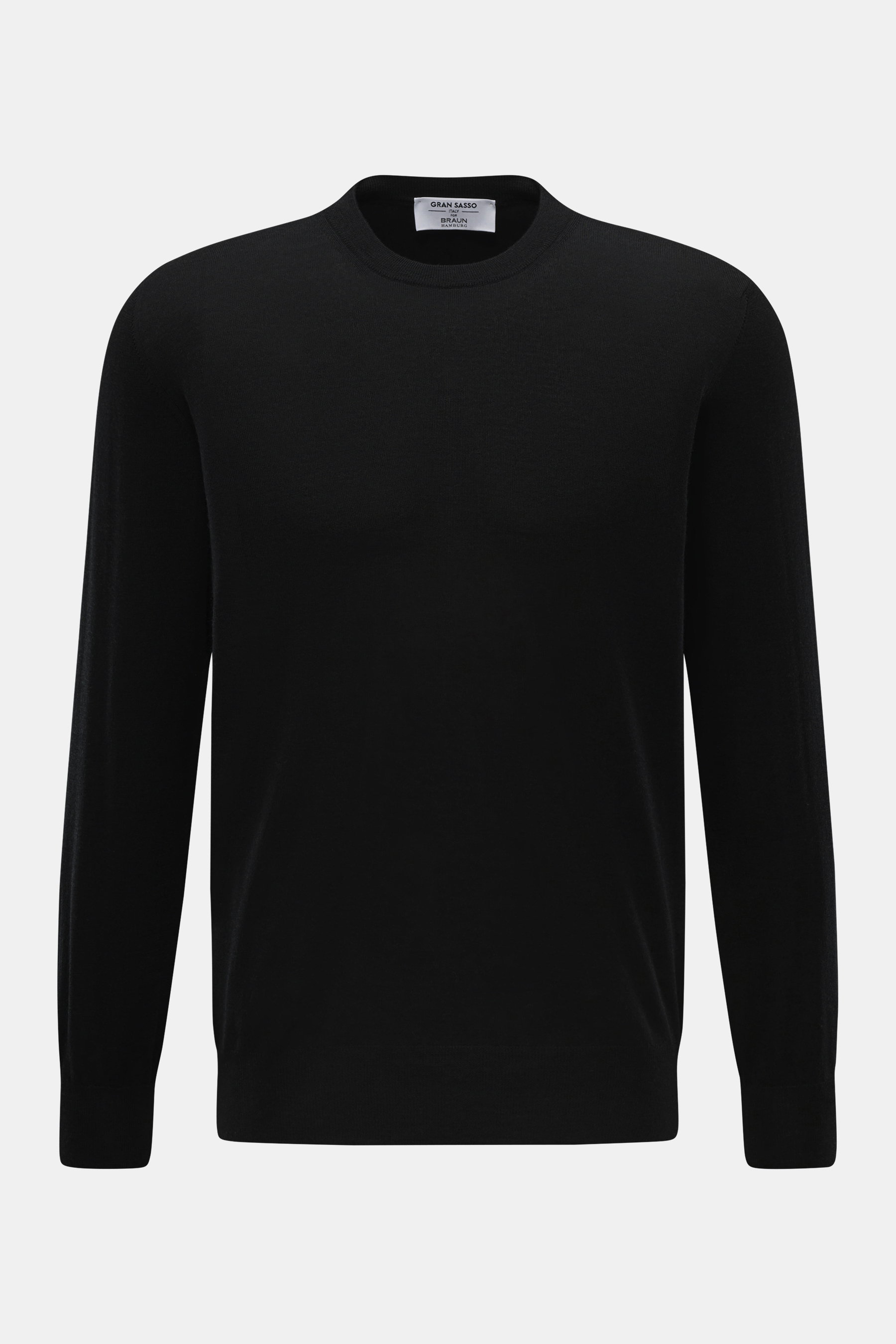 Gran Sasso Feinstrick-Rundhalspullover schwarz, frontal fotografiert, Mix aus Schurwolle, Cashmere, Seide, sehr weich, leichte Qualität, feines Strickbild, Regular Fit, Rundhals, Rippbündchen.