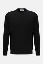 Front view of Gran Sasso Fine-knit crew neck sweater black, made from a mix of virgin wool, cashmere, and silk, featuring a very soft feel, lightweight quality, very fine knit pattern, regular fit, crew neckline, and comfortable ribbed cuffs.